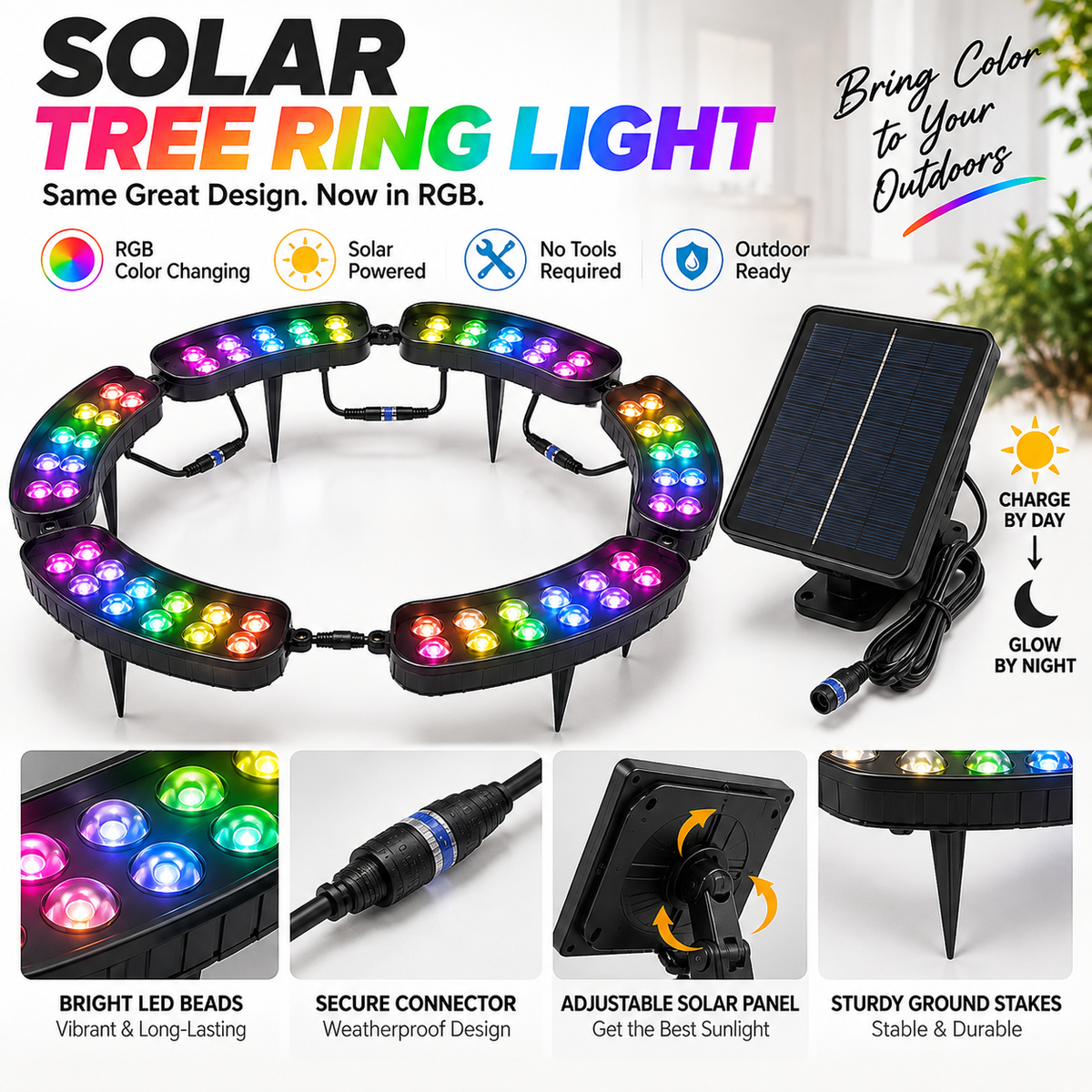 🌈 Solar RGB Tree Ring Light – 360° Color-Changing Landscape Uplight